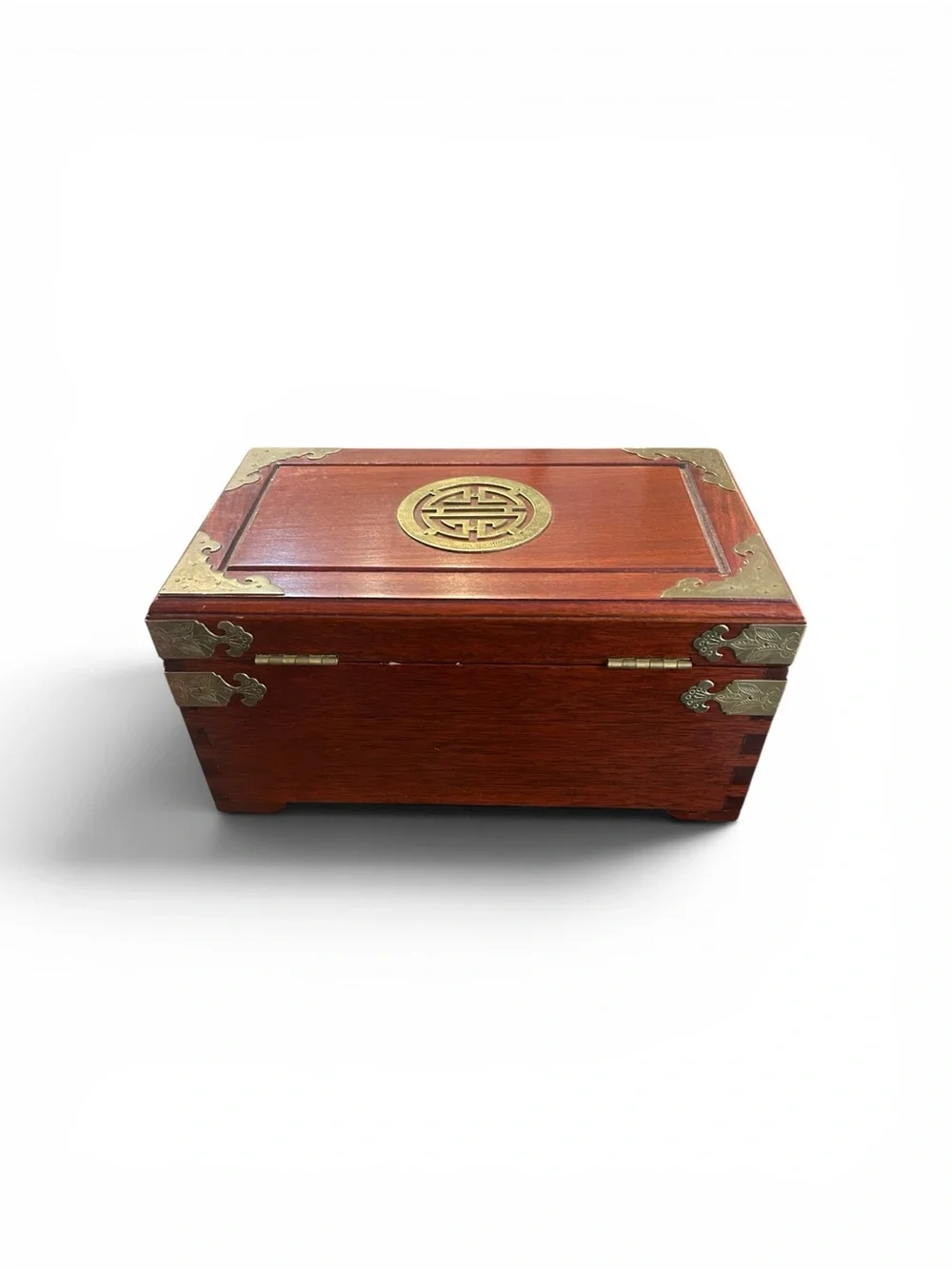 Vintage Chinese Rosewood Decorative Wooden Jewelry Box  Brass Hardware  Hongmu